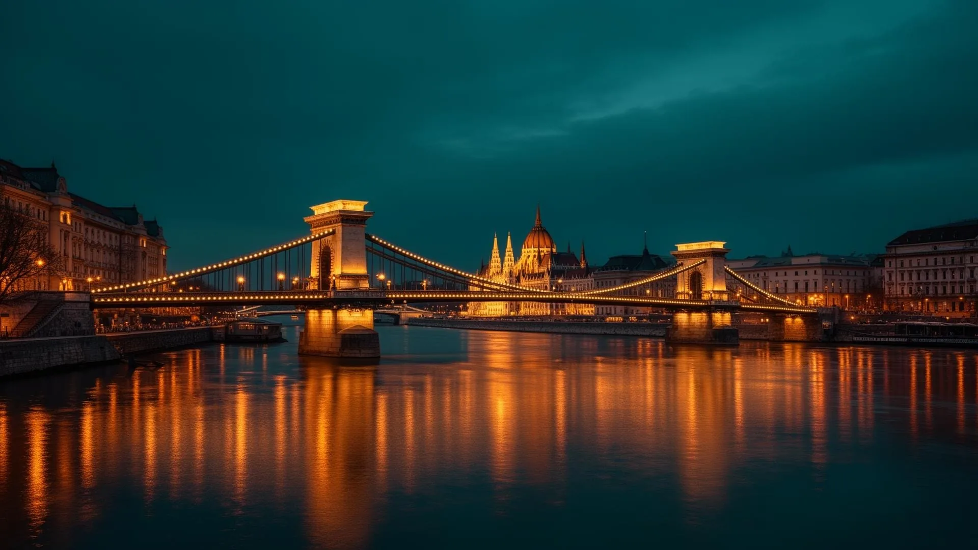 Budapest's Chain Bridge illuminated at dusk with the Hungarian Parliament glowing in the distance